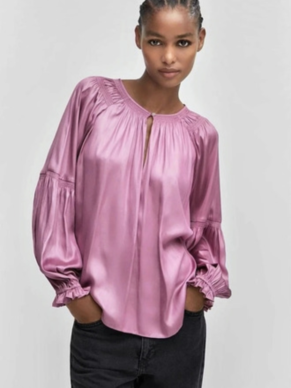 MNG Mango Gathered and Ruched Neckline Satin Blouse Size S NWT